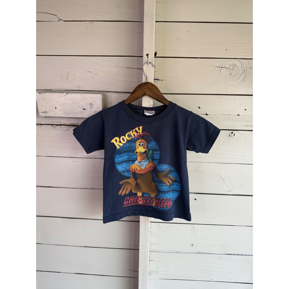 Vintage Chicken Run Rocky Movie Promo T-Shirt Navy Blue Kids Size Small 2000s